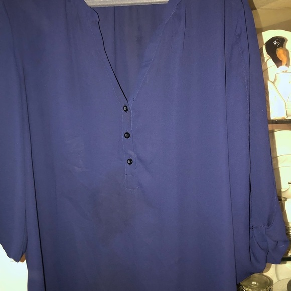 SOHO 2X silky navy top 3/4 shirred sleeves semi sheer v-neck - Picture 1 of 4